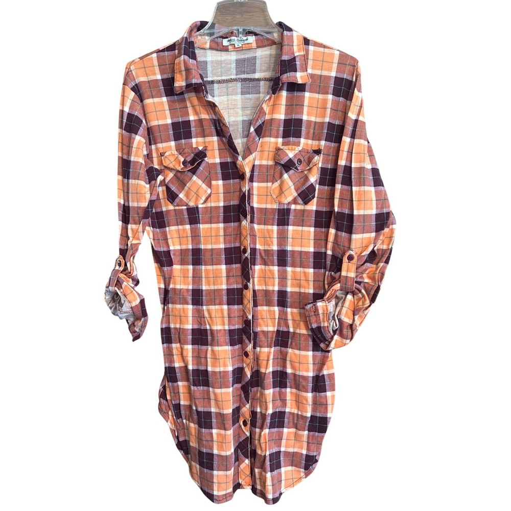 White Mark Womens XL Orange Purple Plaid Roll‎ Tab Sleeve Longline Tunic Shirt